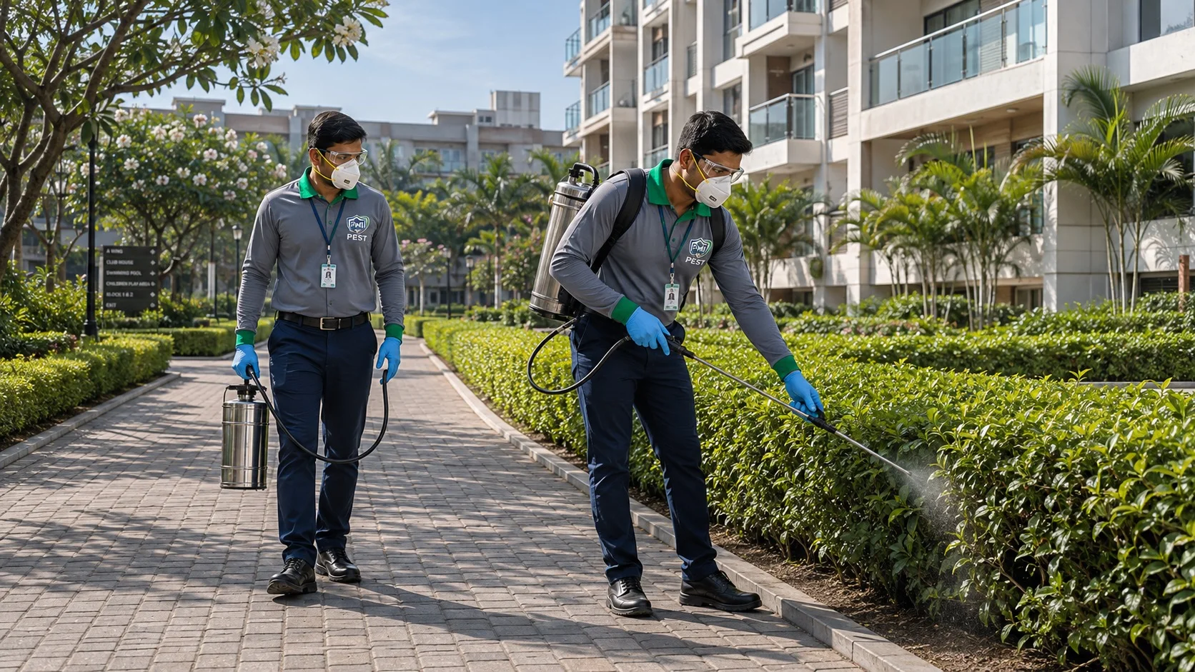 PMI technicians treating a garden perimeter
